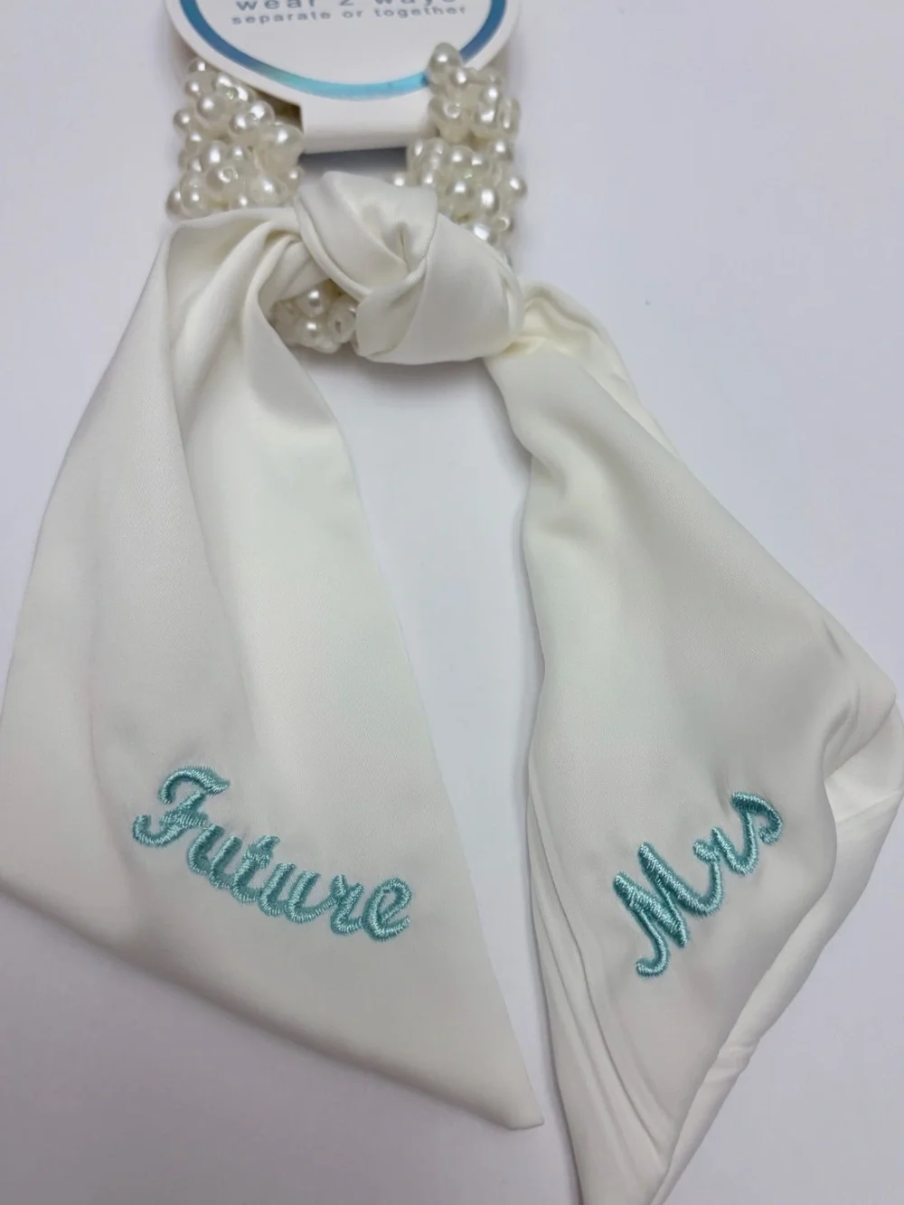 NWT ⚜️🩵⚜️ Piper K Beaded Scrunchie & Bow Ribbon Tails Wedding Future Mrs.